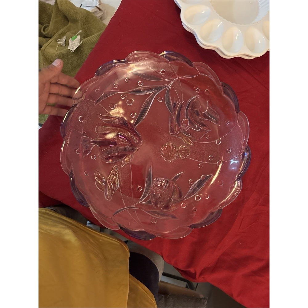 Vintage Large 14" Glass Tropical Fish Serving Platter Iridescent Sea Life Tray